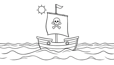 Placa de color de un barco pirata con bandera de calavera y tibias cruzadas navegando en olas amigables bajo un sol brillante.