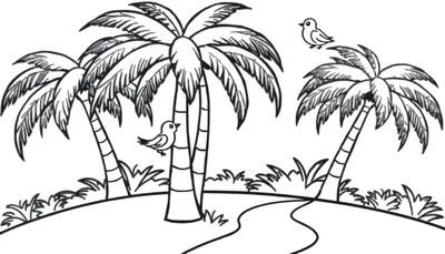 Una placa de color en blanco y negro de palmeras exuberantes y pájaros