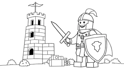 Caballero Lego con escudo y espada frente a una torre de Lego en una página para colorear de placa de color.