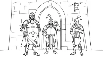 Caballero con espada y escudo de cruz, caballero saludando en la entrada del castillo, caballero con toalla, bandera en el castillo, dibujo para colorear de placa de color.