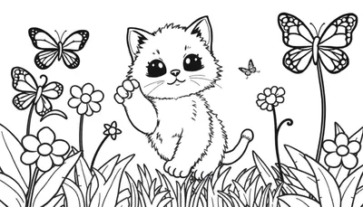 Placa de color de un gatito saludando en un jardín con mariposas.