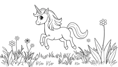 Unicornio corriendo en prado mágico listo para colorear en placa de color.
