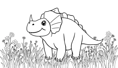 Placa de color de un Triceratops amigable con cuernos cortos y volante en un prado florecido.