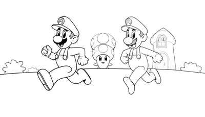 Placa de color de Mario y Luigi corriendo, con un champiñón y una torre de fondo.