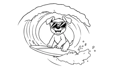 Placa de color de un perro surfista sonriente con gafas de sol.