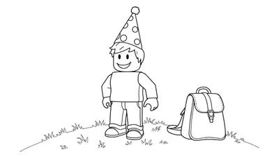 Personaje tipo Lego amigable con sombrero de fiesta de lunares y mochila, listo para colorear en una placa de color.