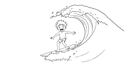 Niño surfeando una ola en una página para colorear, lista para la placa de color.