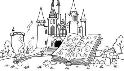 Placa de color de un castillo de fantasía con un libro de hechizos y una varita humeante.