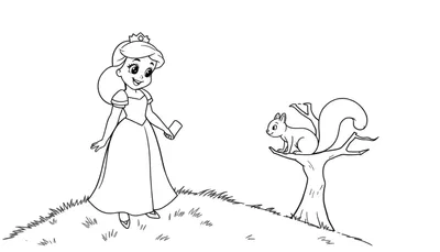 Una princesa sonriente con una corona y un vestido, sosteniendo un objeto, sentada junto a un árbol con una ardilla sonriente, todo en un entorno natural, listo para ser coloreado.