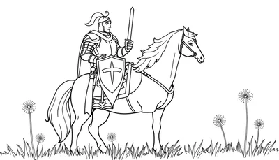Caballero en armadura en un caballo, listo para colorear en la placa de color.