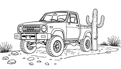 Una camioneta Toyota clásica en un desierto, lista para colorear con su placa de color.