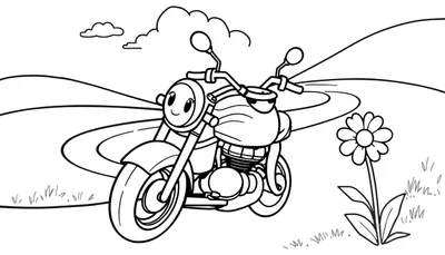 Motocicleta de dibujos animados amigable en una carretera con flores, lista para ser coloreada en la placa.