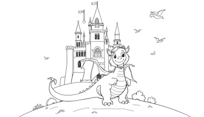 Placa de color de un dragón sonriente con corona y un castillo.