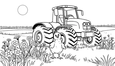 Placa de color de un pollito feliz junto a un tractor en una granja.