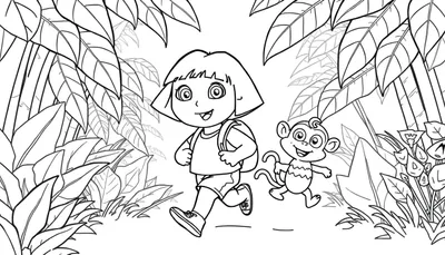 Dora la Exploradora y Botas el mono corriendo felices en la jungla, listo para colorear en una placa de color.