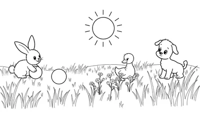 Una página para colorear en blanco y negro con un conejo, un patito y un cachorro jugando bajo un sol brillante.