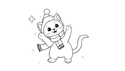 Un gatito dibujado saludando en la nieve, con gorro y bufanda, listo para colorear en la placa de color.