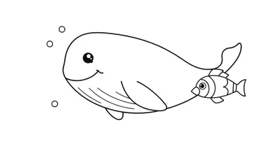 Una placa para colorear en blanco y negro de una ballena sonriente y un pez pequeño nadando juntos.