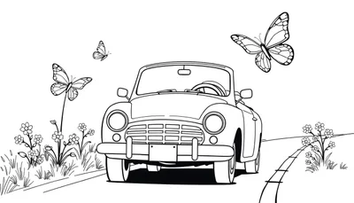 Página para colorear de un coche Ford clásico convertible, con mariposas revoloteando cerca de flores en una carretera soleada.