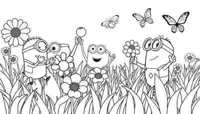 Placa de color con Minions jugando entre flores y mariposas.