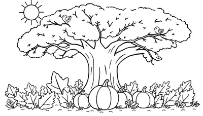 Placa de color de un árbol con pájaros y calabazas.