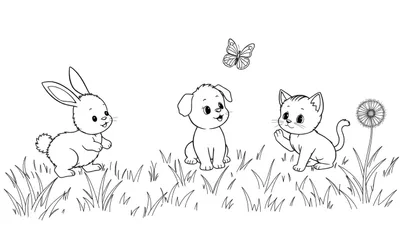 Placa de color: un conejito, un cachorro y un gatito juegan en un prado con una mariposa y un diente de león.