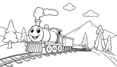 Un tren de vapor amigable para colorear en la montaña.