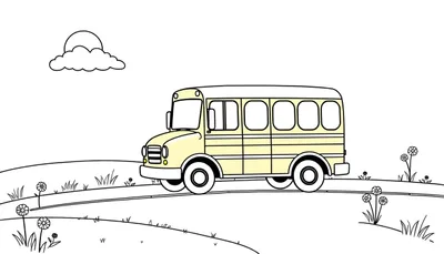 Autobús escolar amarillo de dibujos animados en una página para colorear en blanco y negro, yendo por una carretera soleada con nubes esponjosas.