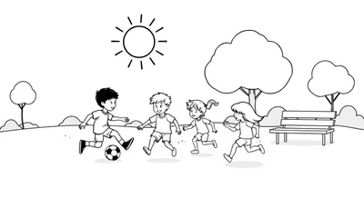 Placa de color de niños jugando fútbol en un parque soleado.
