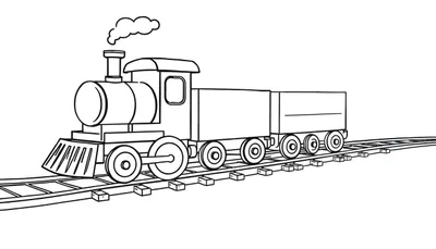 Un lindo tren de juguete de color negro y blanco con una chimenea amistosa y vagones, listo para colorear.