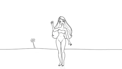 Una chica de dibujos animados sonriente con el pelo largo saluda en una playa con una palmera, lista para ser pintada en esta placa de color.