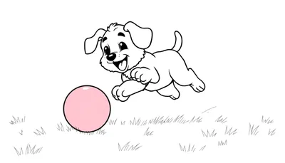 Bentley el cachorrito feliz jugando con una pelota roja, página para colorear en blanco y negro.