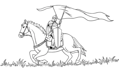 Caballero medieval a caballo con estandarte, para colorear.