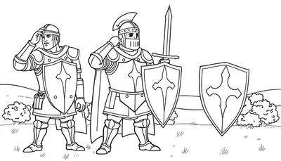 Dos caballeros listos para colorear con sus escudos de placa de color.