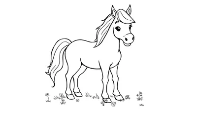 Un caballo de dibujos animados alegre con una melena y cola fluidas, listo para ser coloreado en una placa de color.