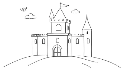 Placa de color de un castillo con formas geométricas y una bandera.