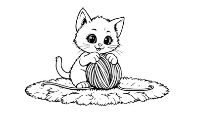 Gatito jugando con ovillo de lana, página para colorear con placa de color.