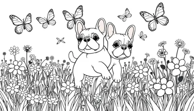 Página para colorear con dos cachorros de bulldog francés jugando con mariposas en un campo de flores.
