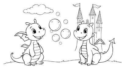 Dibujo de dos dragones de dibujos animados, uno sentado sonriendo y el otro cerca de un castillo, con burbujas flotando, para colorear, placa de color.