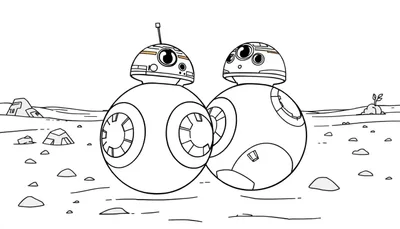 Página para colorear de Star Wars, droides BB-8 y amigo en el desierto.