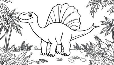 Un dinosaurio Espinosaurio amigable listo para ser coloreado, con una gran vela en la espalda y rodeado de vegetación tropical en una placa de color.