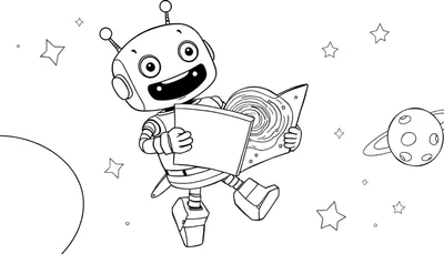 Robot amigable de dibujos animados leyendo un mapa estelar, listo para colorear en una placa de color.