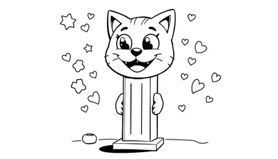 Un gatito Pez sonriente repartiendo caramelos, página para colorear en blanco y negro con una placa de color.