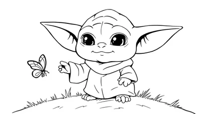 Página para colorear de Grogu con una mariposa, listo para una placa de color.