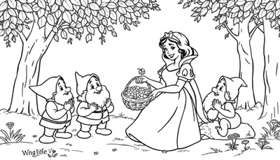 Blancanieves con una cesta de frutos rojos en un bosque, rodeada de tres enanitos admirados. Una placa de color que muestra una escena de cuento.