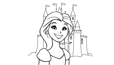 Placa de color de una princesa sonriente con un castillo mágico, lista para colorear.