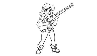 Página para colorear de Shelly con su escopeta, lista para la acción. ¡Que empiece la aventura! Shelly es una joven sonriente con una escopeta larga en un estilo de arte que recuerda al manga.