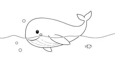 Una ballena blanca y negra para colorear nadando con burbujas y un pez pequeño. Placa de color.