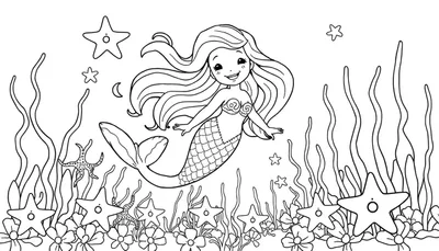 Placa de color de una sirena sonriente con pelo largo, sujetador de conchas, y una cola escamosa, nadando entre algas y estrellas de mar.