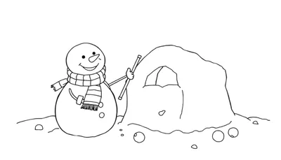 Dibujo para colorear de un muñeco de nieve sonriente construyendo un iglú con una nariz de zanahoria y una bufanda a rayas, junto a bolas de nieve en el suelo.